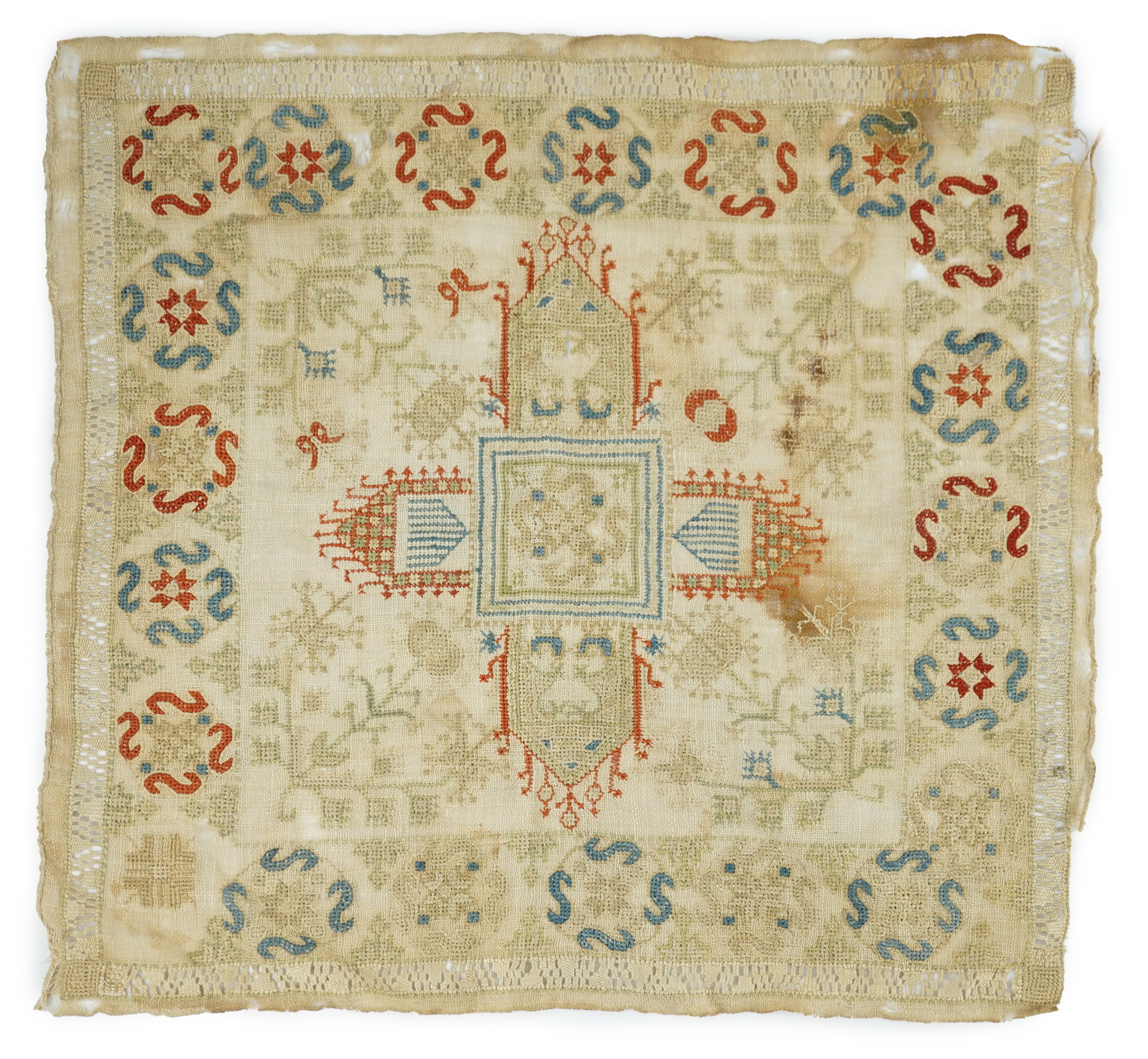 An 18th century Creton fine hand woven linen square, possibly an altar piece, 39cm sq.